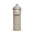 A drink bottle in a muted beige colour with a flip straw and a carry handle, featuring a logo.