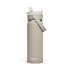 A drink bottle in a light beige colour with a flip straw and a side handle, featuring a logo.