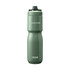 A drink bottle in a muted green colour, featuring a sleek design and a logo. It has a screw-on lid and a spout.