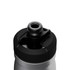 A drink bottle with a silver body and a black, spout lid featuring a logo.