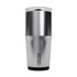 A drink bottle in silver and black, featuring a clear lid and a logo on the side.