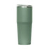A drink bottle with a sleek design, featuring a matte green finish and a stainless steel top. It has a logo.