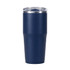 A drink bottle with a navy blue exterior and a clear lid, featuring a logo. Ideal for travel and outdoor use.