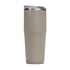 A drink bottle in a muted beige colour with a stainless steel lid and a logo on the side.