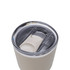 A drink bottle with a stainless steel body and a clear, sealed lid, featuring a logo. Primarily in light beige colour.