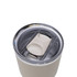 A drink bottle featuring a lid with a spout, in a light beige colour, with a clear rim and a logo.