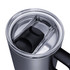 A drink bottle with a silver body and a black lid, featuring a sliding closure and a handle. It has a logo on the lid.