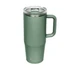A drink bottle in muted green with a clear lid and a handle, featuring a logo on the base.
