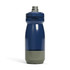 A drink bottle in navy blue and olive green with a screw top and logo.