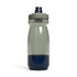 A drink bottle in grey with a navy blue base, featuring a twist top and a logo on the side.