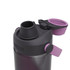 A drink bottle in dark grey and purple, featuring a spout and a secure lid. The bottle has a logo.