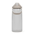 A drink bottle in a clear design with a light grey lid and handle, featuring branding on the bottle.