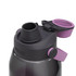 A drink bottle in dark grey and purple, featuring a top spout and a removable cap, with a logo visible.