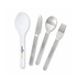 A cutlery set featuring a spoon, knife, fork, and a clear case, all in sleek silver with branding on the spoon.