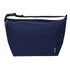 A navy cooler bag with a zippered closure, adjustable strap, and an external pocket. It features a brand logo.