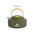 A green camping kettle with an orange handle, featuring a spout and a lid, includes a logo on the side.