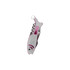 A multitool shaped like a fish, in silver and pink, featuring various tools and a keyring attachment.