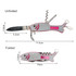 A multitool keyring shaped like a fish, featuring a knife, corkscrew, and bottle opener in silver and pink.