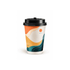 A double-walled paper cup with a black lid, featuring a colourful abstract design in orange, white, and teal.