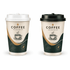 Two double-walled paper cups, one with a white lid and the other with a black lid, featuring a coffee design.