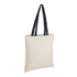 A cotton tote bag with navy blue handles, featuring a plain design and a logo.