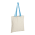 A cream tote bag with light blue handles, featuring a logo on one side.