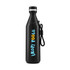 A drink bottle in black with a sleek design, featuring a logo and a convenient strap.