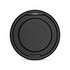 A black circular magnetic charger with a stand feature, designed for phones and watches, featuring a logo.
