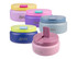 A range of Oasis insulated food flasks in pink, purple, blue, and pastel colours, featuring a logo on each.