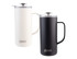A drink bottle with a white and a black insulated coffee press design, featuring a lid and handle. It has a logo.