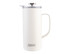 A drink bottle in white with a stainless steel lid and a handle, featuring a logo. 