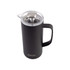 A drink bottle in matte black with a transparent lid and a handle, featuring a logo on the front.