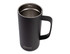 A drink bottle in matte black with a handle and insulated design, featuring a stainless steel interior and branding.