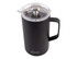 A drink bottle in matte black with a clear lid, featuring a handle and a logo.