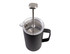 A coffee press featuring an insulated black body, clear lid, and stainless steel plunger. It has a handle and a logo.