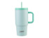 A drink bottle in a light blue colour featuring a handle, straw, and a logo on the front.