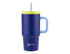 A drink bottle in navy blue with a light blue handle and a green lid, featuring a straw and a logo.