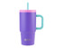 A drink bottle in purple with a pink lid and aqua handle, featuring a logo on the front. It has a straw for drinking.