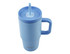 A drink bottle in light blue with a lid and straw, featuring a handle and a logo.