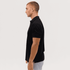 A black polo shirt displayed on a male model, showing a side profile view. The shirt features a logo.