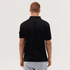 A black polo shirt is displayed from the back, featuring a collar and short sleeves. It has a logo on the upper back.
