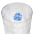 A clear Tritan carry cup with a stylised logo at the bottom, featuring blue lettering.