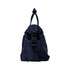 A navy blue bag with a top handle, adjustable strap, and zippered compartments, featuring a logo.