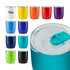 A collection of multi-coloured coffee cups with lids, featuring various colours including yellow, orange, purple, blue, and green.