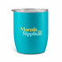 A turquoise coffee cup with a clear lid, featuring a logo. The design is sleek and modern.