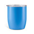 A blue coffee cup with a transparent lid and a smooth matte finish, featuring a logo.