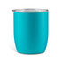 A drink bottle in vibrant turquoise with a clear lid and a smooth finish. It features a logo on the side.