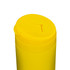 A yellow coffee cup with a round lid and a small opening for drinking, featuring a logo on the side.