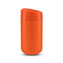 An orange coffee cup with a lid, featuring a smooth finish and a sleek design. It has a branding logo on it.