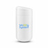 A white reusable coffee cup with a sealed lid and a logo on the front.